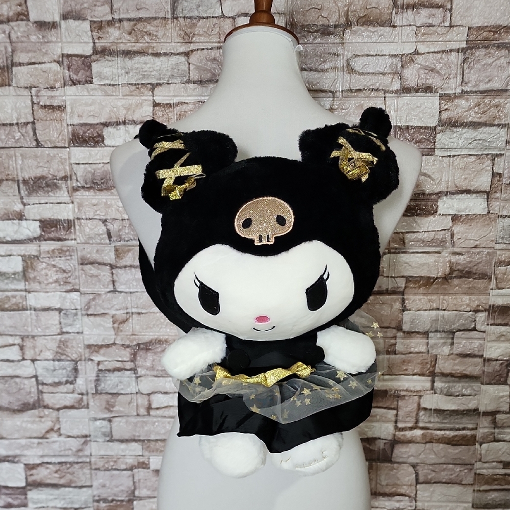 Kuromi Backpack Black and White Plush Toy with Gold Accents